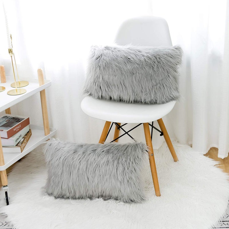 WLNUI Set of 2 Light Grey Decorative Lumbar Fluffy Pillow Covers New Luxury Series Merino Style Faux Fur Throw Pillow Covers Fuzzy Cushion Case Spring Easter Home Decor 12x20 Inch - Image 4